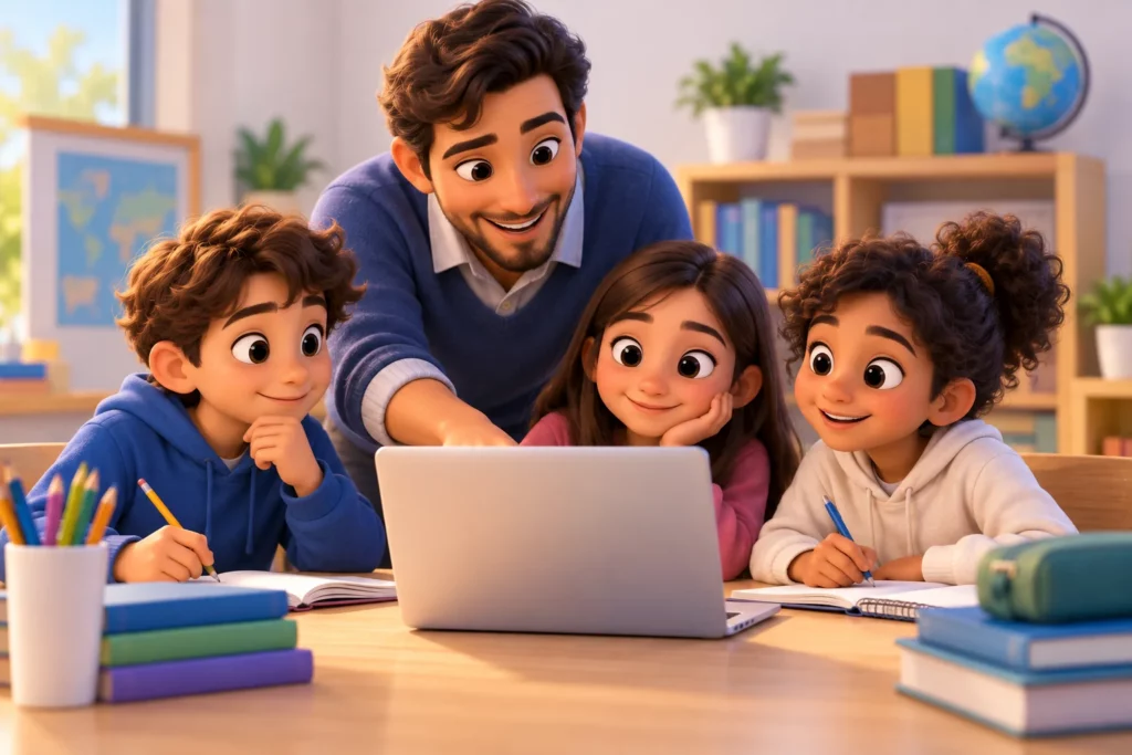 Docente acompañando a estudiantes durante un diagnóstico de aprendizajes en lectura y matemática